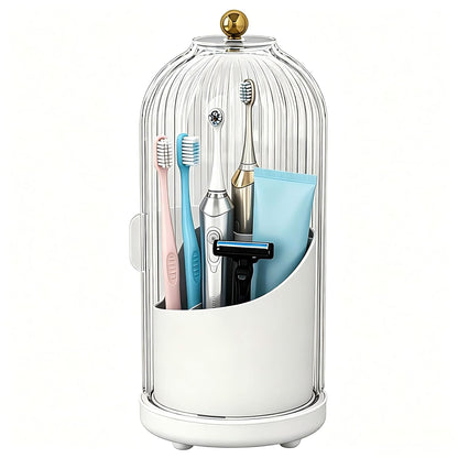 JEESA Dustproof Toothbrush Holder Organizer with Drainage, White | Sliding Door Cover, 360 Rotating, 3 Slots, Bathroom Countertop