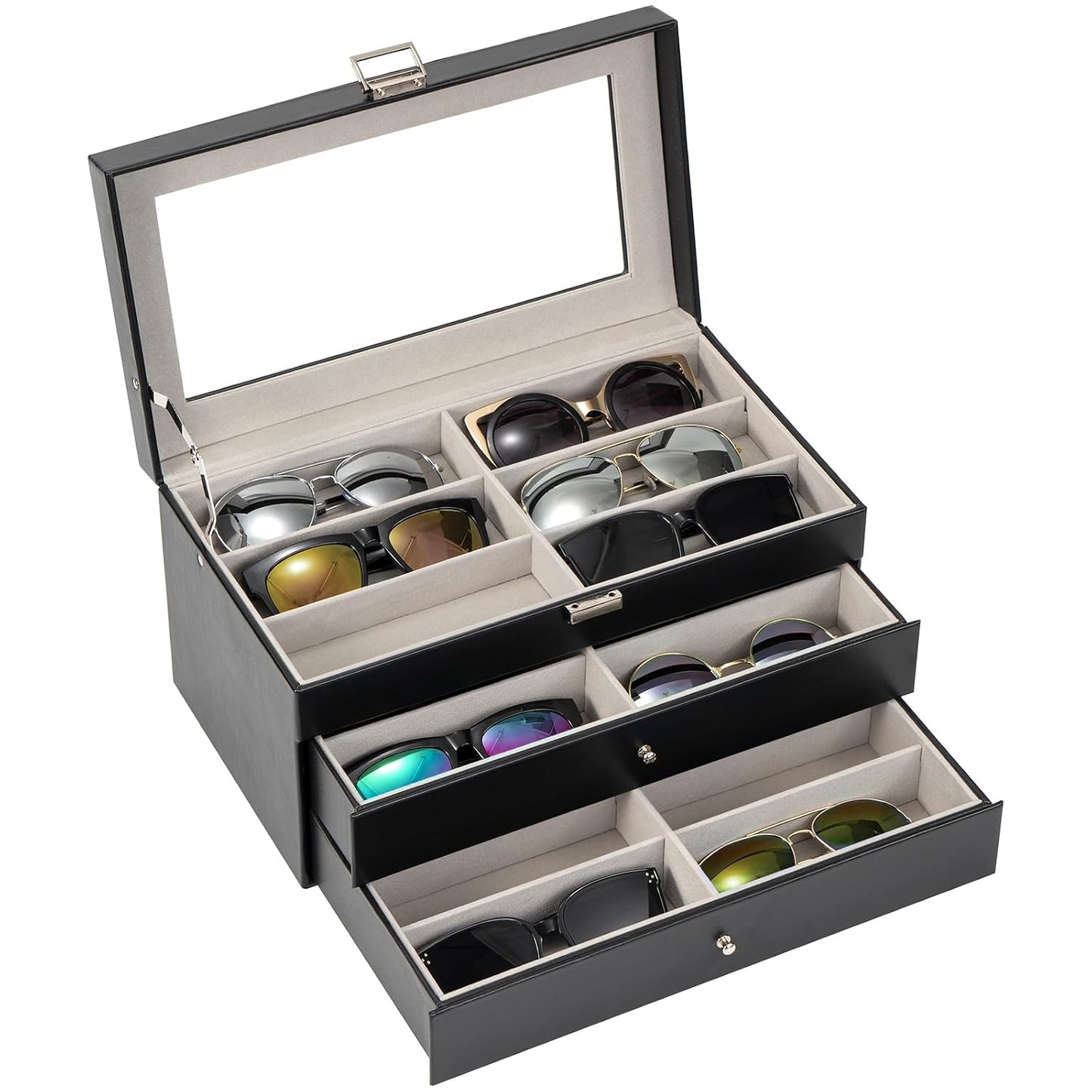 ProCase 3-Layer Sunglasses Storage Organizer -Black | 18-Slot Leather Sunglass Box Case, Holds Eyeglasses, Sunglasses & Eyewear, Great Valentine's Gift for Men & Women
