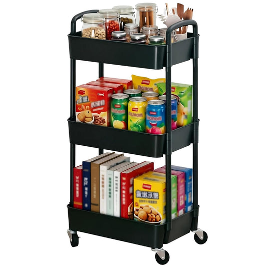Sywhitta 3-Tier Plastic Rolling Utility Cart with Wheels for Storage,Black | Multi-Functional Storage Trolley, for Office, Living Room, Kitchen, Bathroom,Movable Organizer,Space-Saving,Easy to assemble