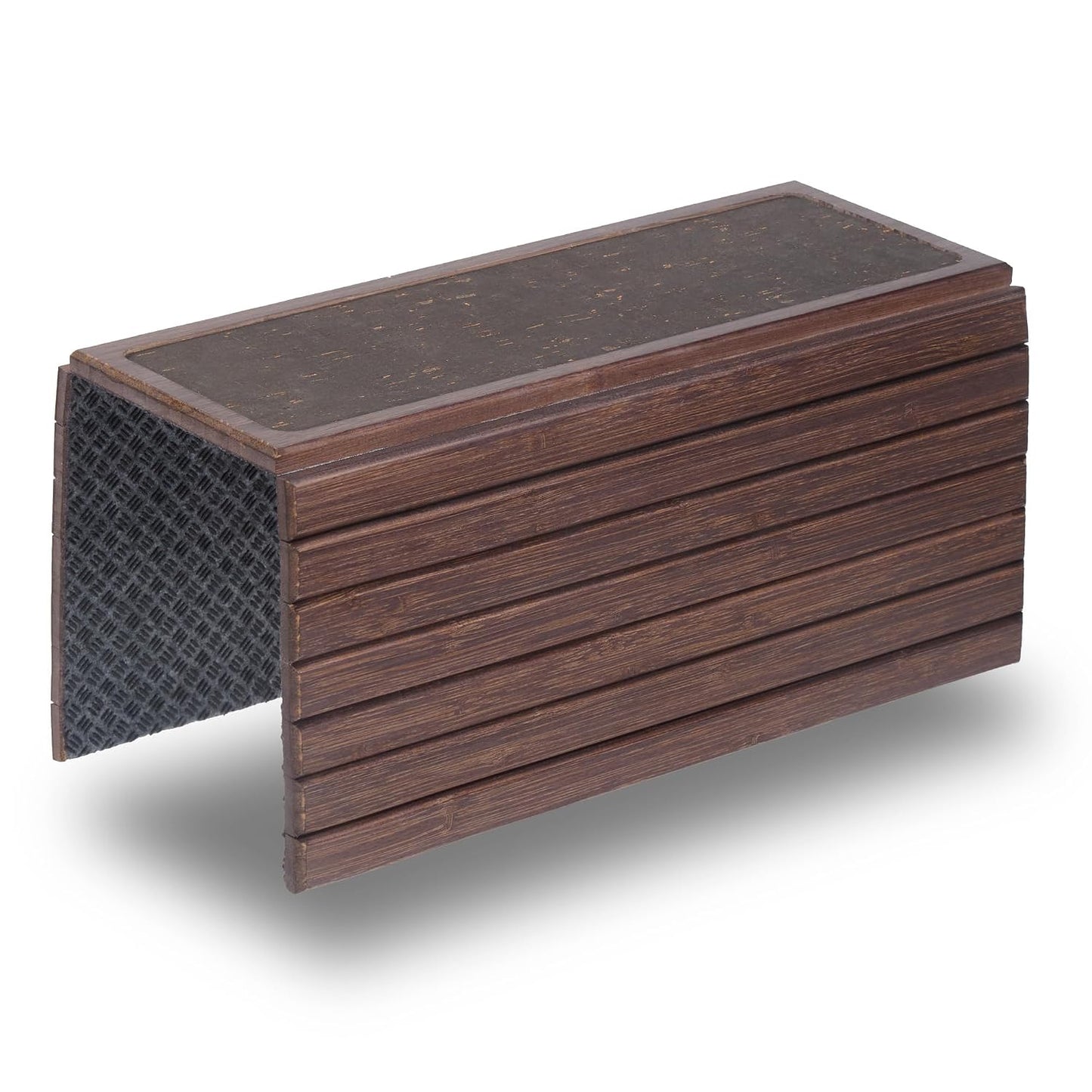 DETOR Couch Arm Tray with Retro Cork Pad, Brown-Stained Bamboo Finish | Enhanced Non-Slip Bottom, Sturdy Bamboo Slats, Fits Armrests 4.6" and Wider