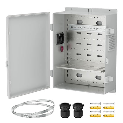 Joinfworld Vented Outdoor Enclosure Box 18.1x12.6x6.4 White | ABS Weatherproof WiFi Enclosure with 12V Fan, DIN Rail, Dustproof Design & Wall/Pole Mounting