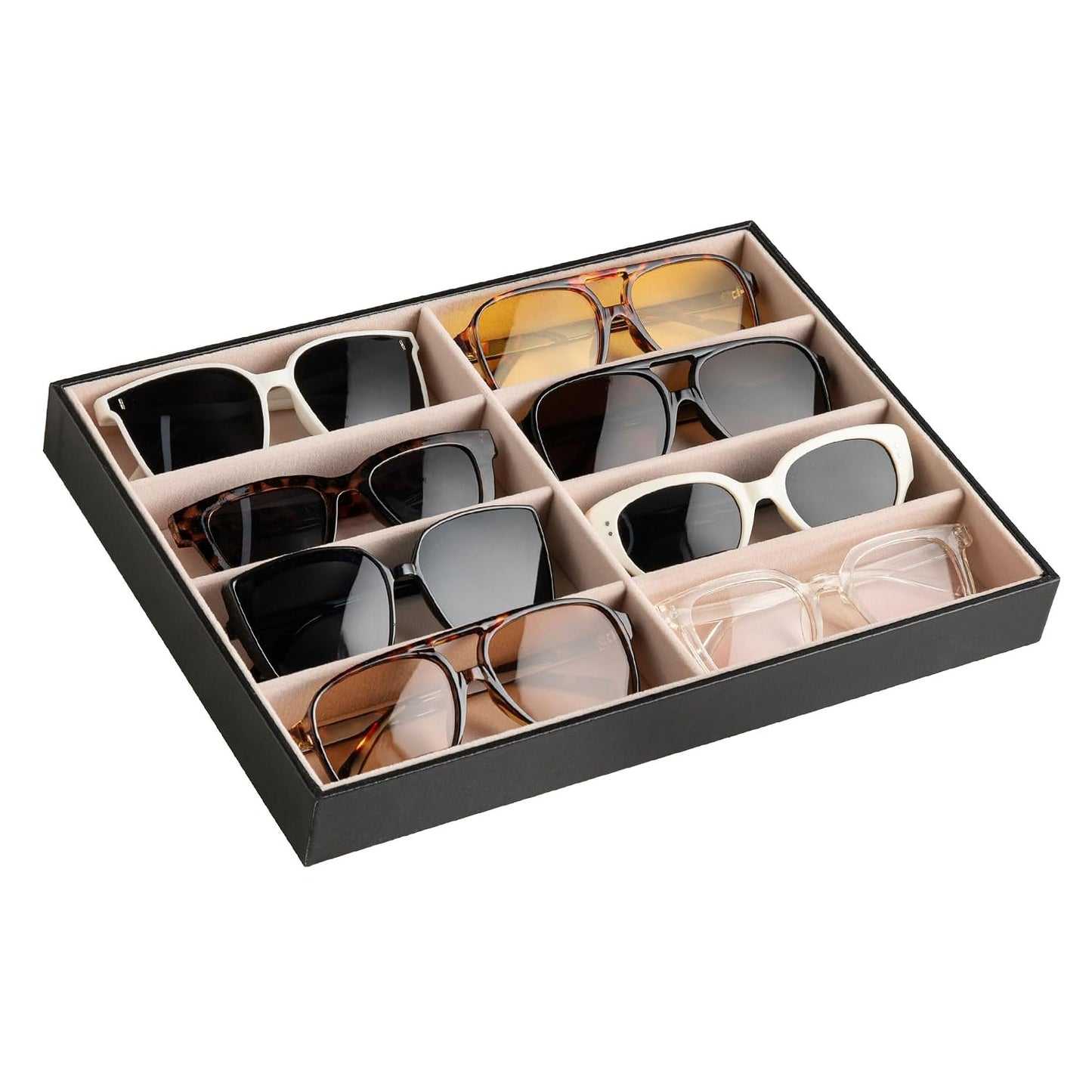8-Slot Sunglass Organizer Tray,Sunglass Holder for Drawer | Faux Leather,Velvet Lining,Sunglass Case for Multiple Sunglass,Vanity Glass Holder,Sunglass Display,Eyeglass Organizer
