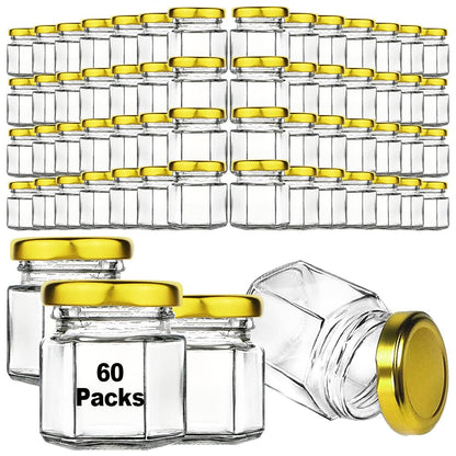 60 Pcs 1.5 Oz Mini Honey Jars with Airtight Lids,Hexagon Glass