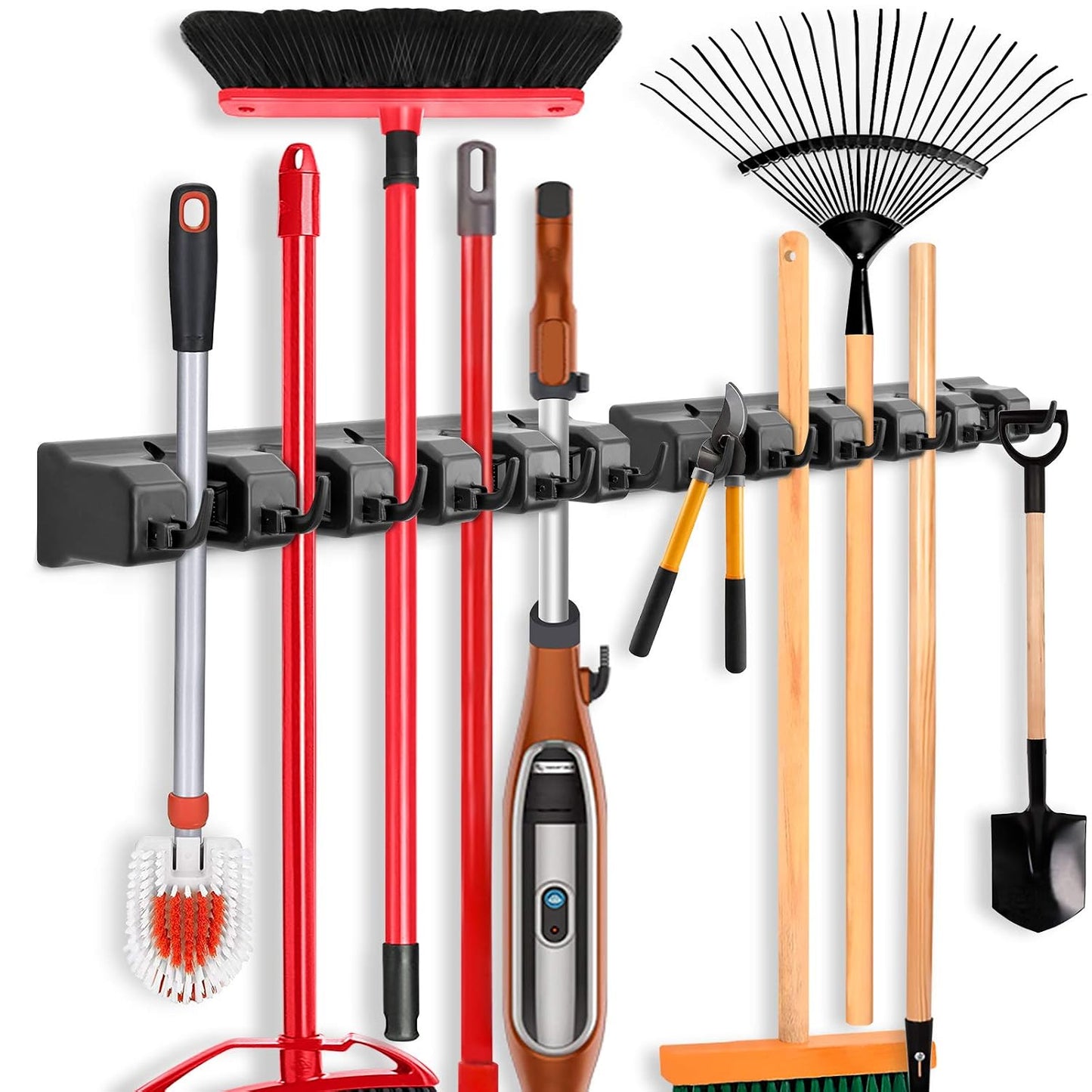 IMILLET 2 Pack Mop and Broom Holder, Wall Mount Organizer Storage Tool Rack | Broom and Mop Organizer Wall Hanging for Garage, Laundry Room, Garden, Utility, 5 Ball Slots and 6 Hooks(Black)