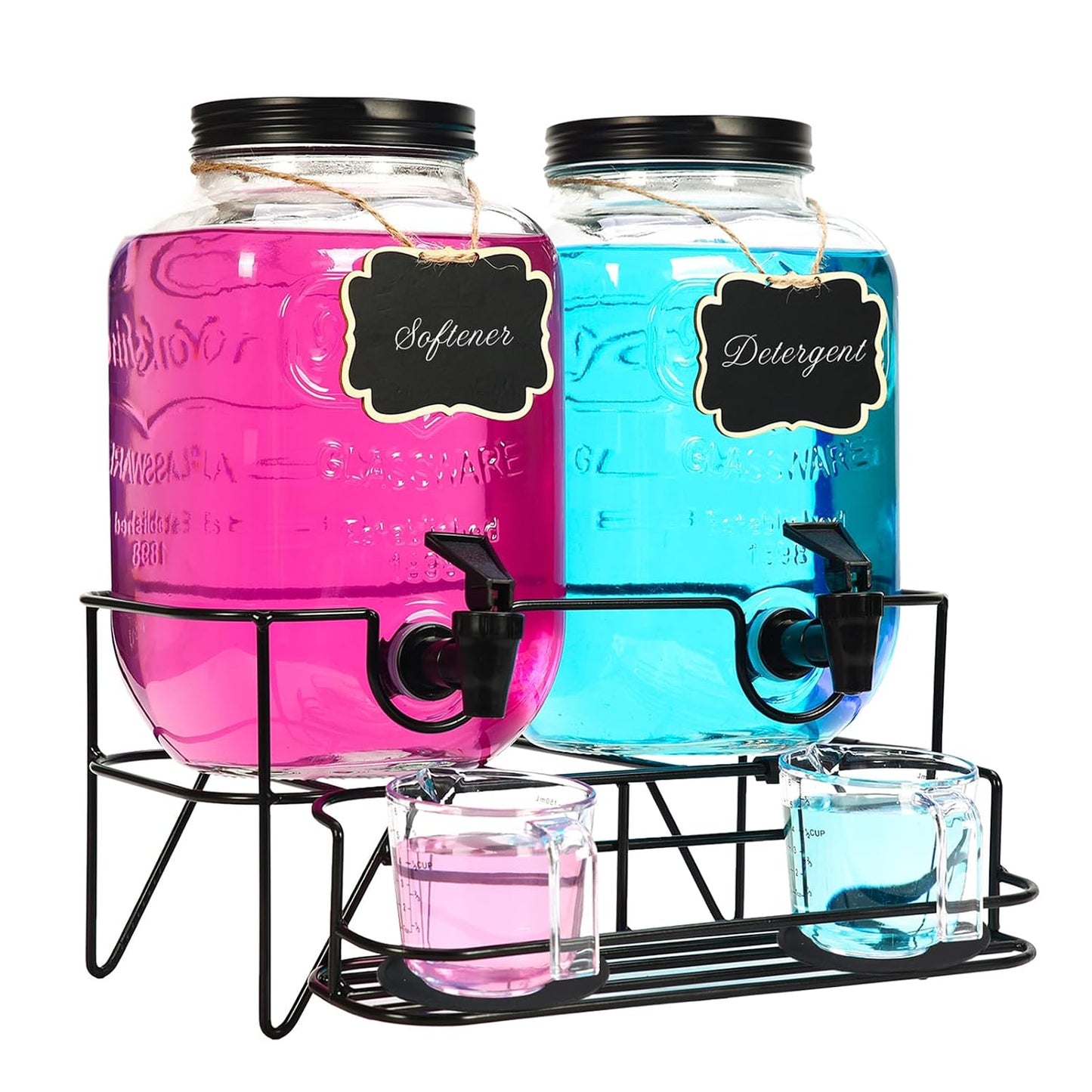 2 Sets 1 Gallon Laundry Detergent Dispenser with Stand, Measuring Cup, Glass Laundry Detergent Containr for Laundry Room Organization