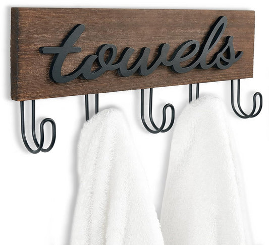 Mkono Wall Mounted Towel Rack, 5 Hooks Rustic Wood Bathroom Towel Hanger | Farmhouse Decor, Space Saving, Decorative Letter Design, Easy Install, Sturdy, Hang Bathrobe clothes, Shower Accessories