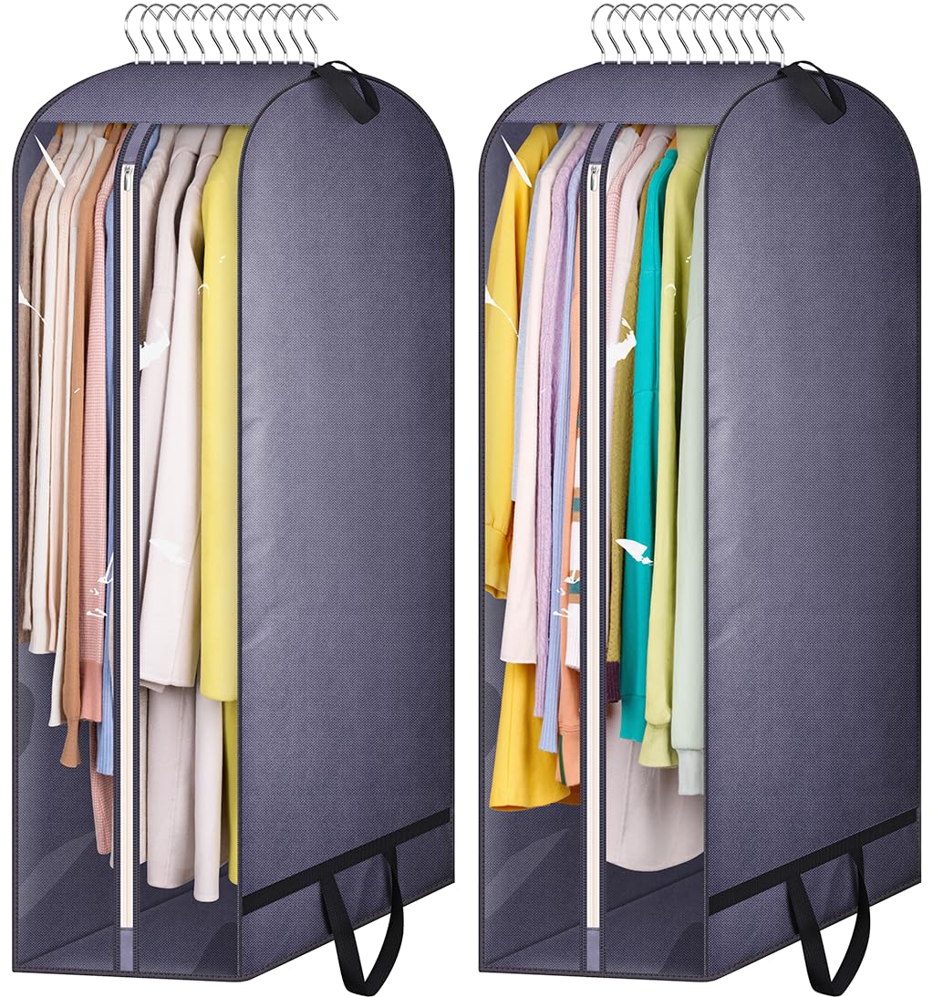 10" Gusseted Clear Garment Bags for Hanging Clothes Storage, 43" Suit Bags for Closet Storage with Handles, Garment Covers for Coats, Jackets, Sweaters (2 Packs, Grey)