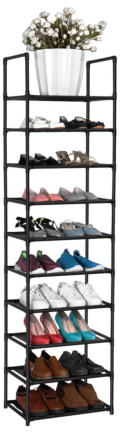 FIDUCIAL HOME 10 Tiers Shoe Rack Organizer 20 Pairs Tall Shoe Shelf | Tall Narrow Space Saving for Closet Entryway Dorm, Easy to Assemble, 17"L x 11"W x 68.8"H, Black