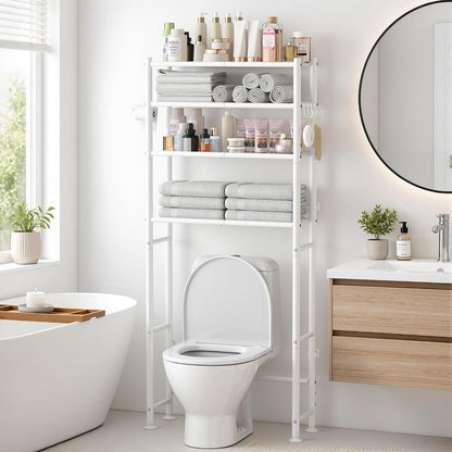 4-Tier Over The Toilet Storage Shelves, White | 200lb Total Capacity, Metal Bathroom Organizer with 36" Clearance, Includes Paper Holder & 4 Hooks, Suit for Small Space