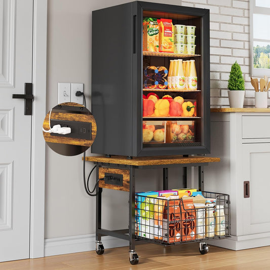 Mini Fridge Stand with Storage and Power Outlet, S... (Brown)