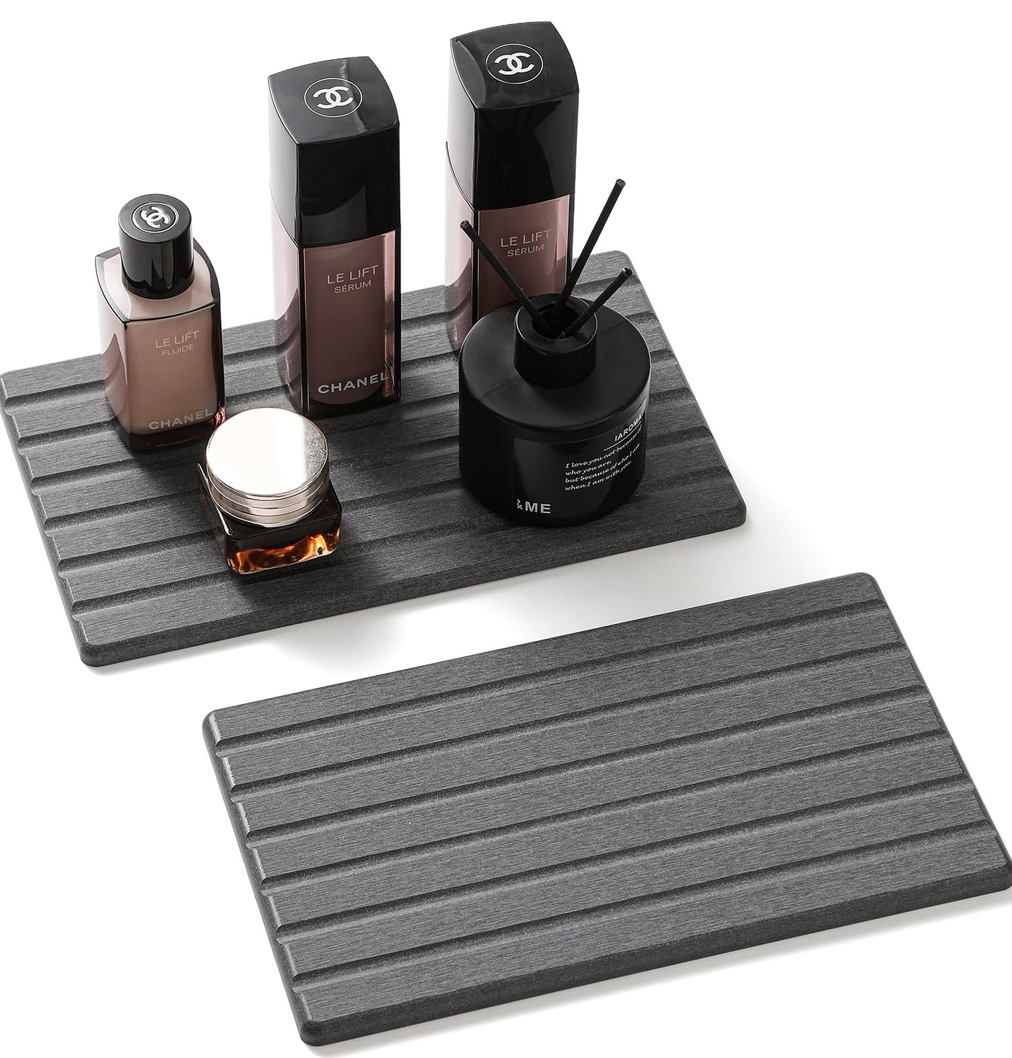 2PCS Water Absorbing Stone Drying Tray Mat for Bathroom Sink & Kitchen Counter Organizer, Quick Dry Dish Soap Dispenser Sponge Holder, Vanity Sink Caddy, Coaster, Dark Gray - 10" x 6"
