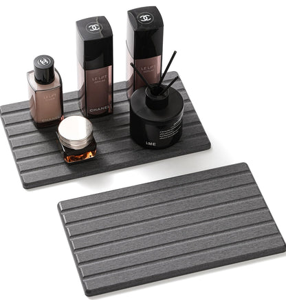 2PCS Water Absorbing Stone Drying Tray Mat for Bathroom Sink & Kitchen Counter Organizer, Quick Dry Dish Soap Dispenser Sponge Holder, Vanity Sink Caddy, Coaster, Dark Gray - 10" x 6"