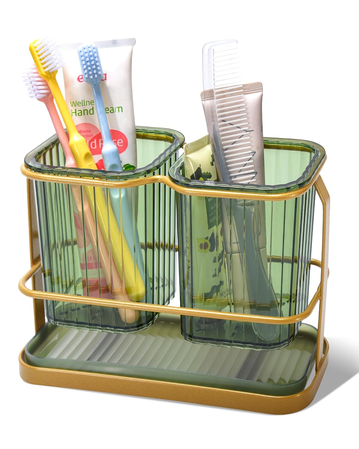 Green Toothbrush Holders for Bathrooms, 2 Cups Toothbrush Holders Wall Mounted, Dry & Wet Separation, Bathroom Organizers and Storage, Bathroom Toothbrush Holder Set for Family Kids