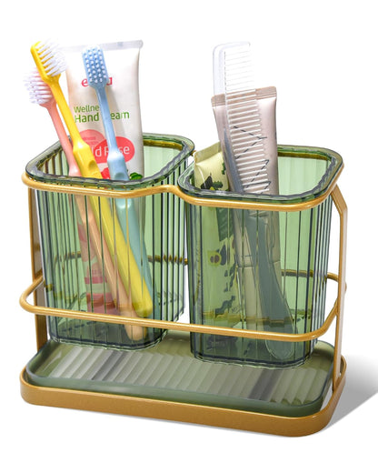 Green Toothbrush Holders for Bathrooms, 2 Cups Toothbrush Holders Wall Mounted, Dry & Wet Separation, Bathroom Organizers and Storage, Bathroom Toothbrush Holder Set for Family Kids