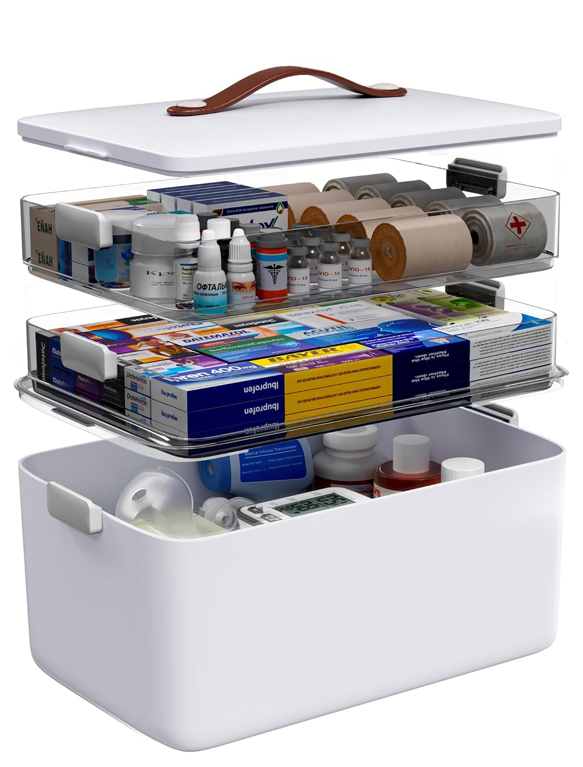 Medicine Organizer Box, 3-Tier Medicine Storage Box with Clear Trays and Carry Handle, Empty First Aid Kit Organizer for Pills, Bottles, Bandages, Home Cabinet