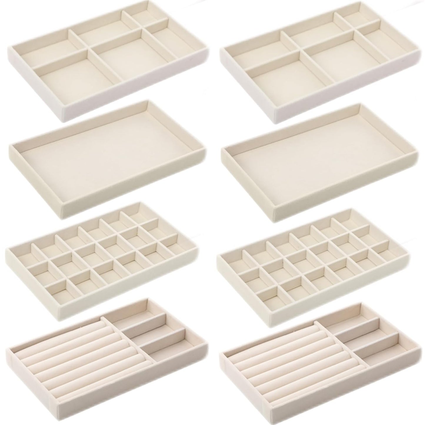 8 Pcs Small Velvet Jewelry Trays Stackable Drawers Organizer Inserts Divided Display Trays for Earring Ring Necklace, Beige