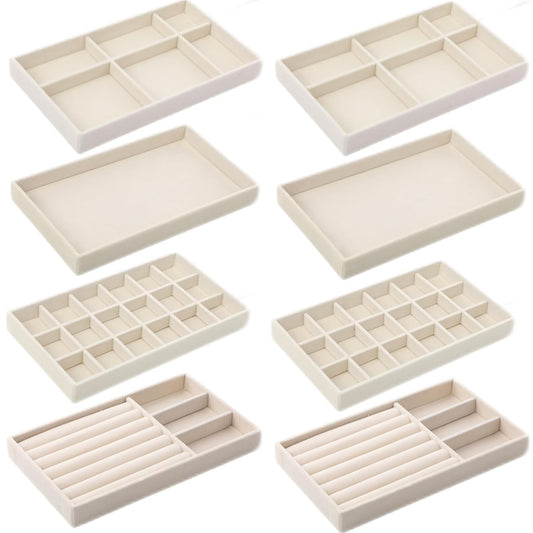 8 Pcs Small Velvet Jewelry Trays Stackable Drawers Organizer Inserts Divided Display Trays for Earring Ring Necklace, Beige