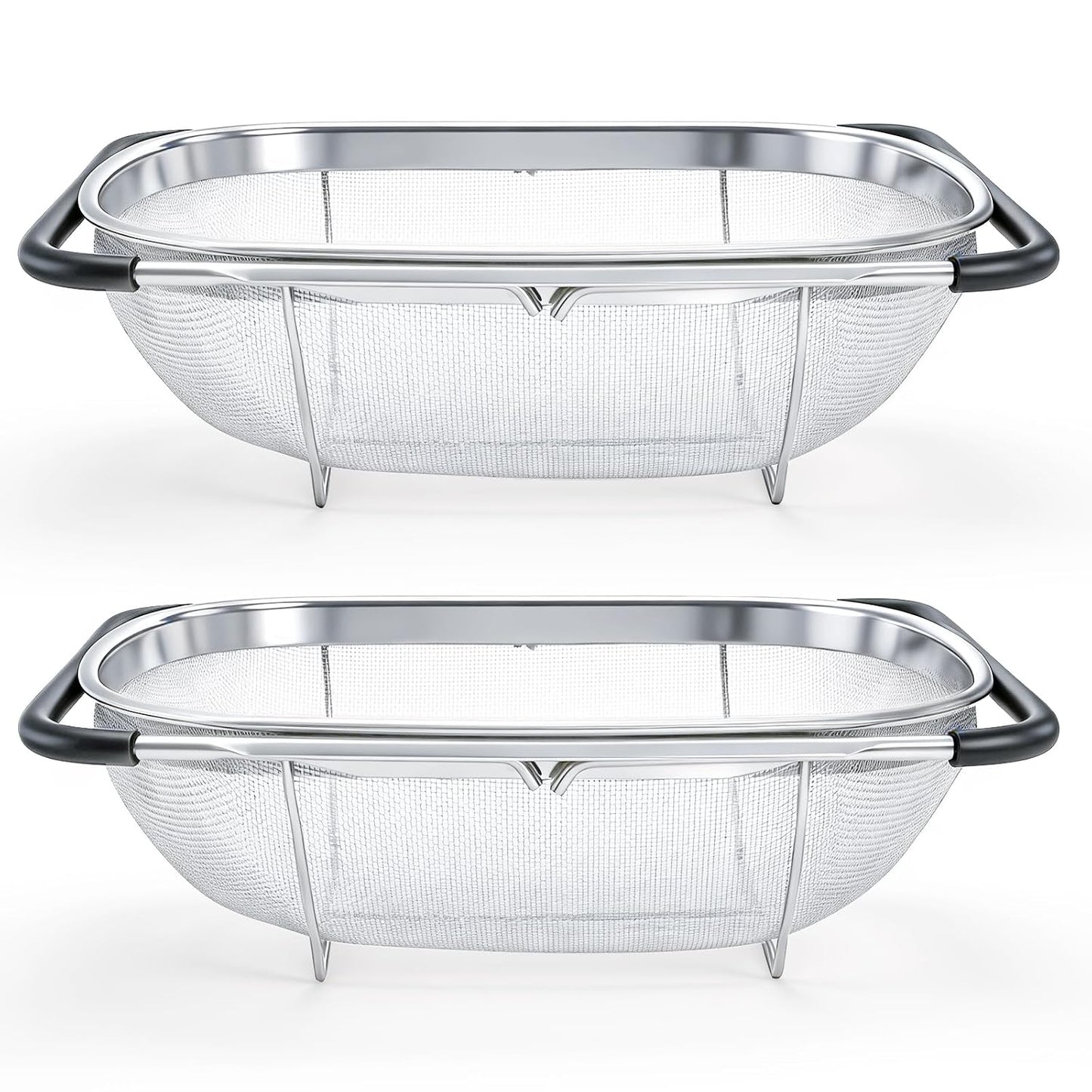 2 Pack Over the Sink Oval Colander for Kitchen, Stainless Steel Fine Mesh 6 Quart Strainer Basket with Expandable Rubber Grip Handles for Straining, Draining, Rinsing Fruits, Vegetables