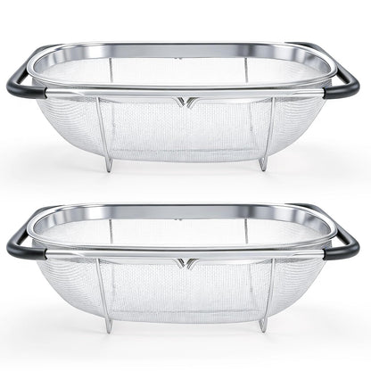 2 Pack Over the Sink Oval Colander for Kitchen, Stainless Steel Fine Mesh 6 Quart Strainer Basket with Expandable Rubber Grip Handles for Straining, Draining, Rinsing Fruits, Vegetables