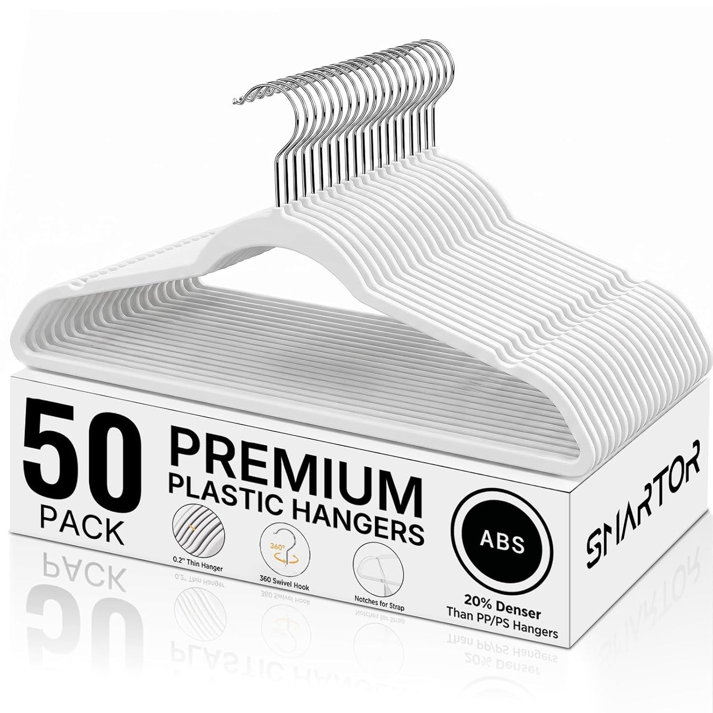Plastic Hangers 50 Pack - Thin Clothes Hangers Heavy Duty | Durable, Lightweight, Space Saving, Slim Hangers Plastic, Dorm Room Essentials for College Students - White