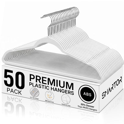 Plastic Hangers 50 Pack - Thin Clothes Hangers Heavy Duty | Durable, Lightweight, Space Saving, Slim Hangers Plastic, Dorm Room Essentials for College Students - White
