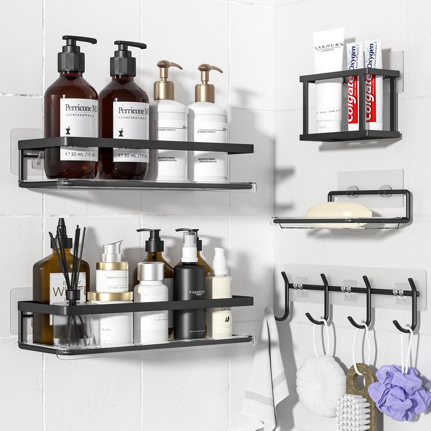 Epicano Adhesive Shower Caddy, 5 Pack Rustproof Stainless Steel Bathroom Shelves, No Drilling Wall Mount Clear Shower Organizer, Large Capacity Storage for Bathroom,Kitchen,Dorm and RV, Black
