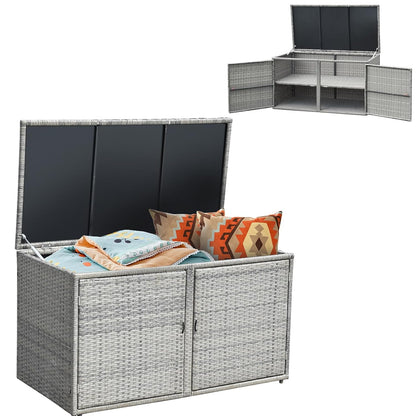 Giantex Rattan Deck Box Outdoor&Indoor 88 Gallon Wicker Storage Box W/Separate Storage Shelf, Openable Door and Tools Storage for Patio,Garden, Balcony, Porch, Yard Rattan Storage Box (Gray)