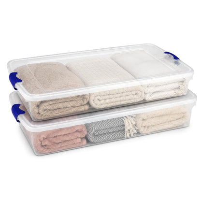 HOMZ 2-Pack Under Bed Storage, Clear Plastic Containers with Lids, 60 Quart, Blue Latch - Stackable Underbed Organizer Bins for Shoes, Bags, Clothes, and Towels