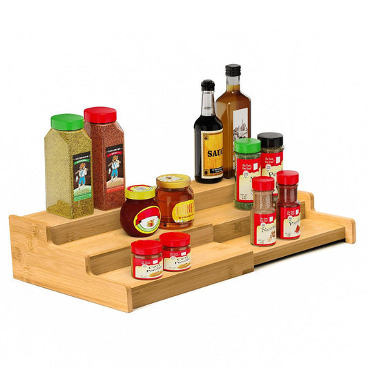 Spice Rack 3-Tier Natural Bamboo, Adjustable Cabinet Organizer Shelf | Expands 8.7-15.6"cabinets. Stepped design, labels visible.Storage organizer saves space, easy wipe. For spices, jars,cans.