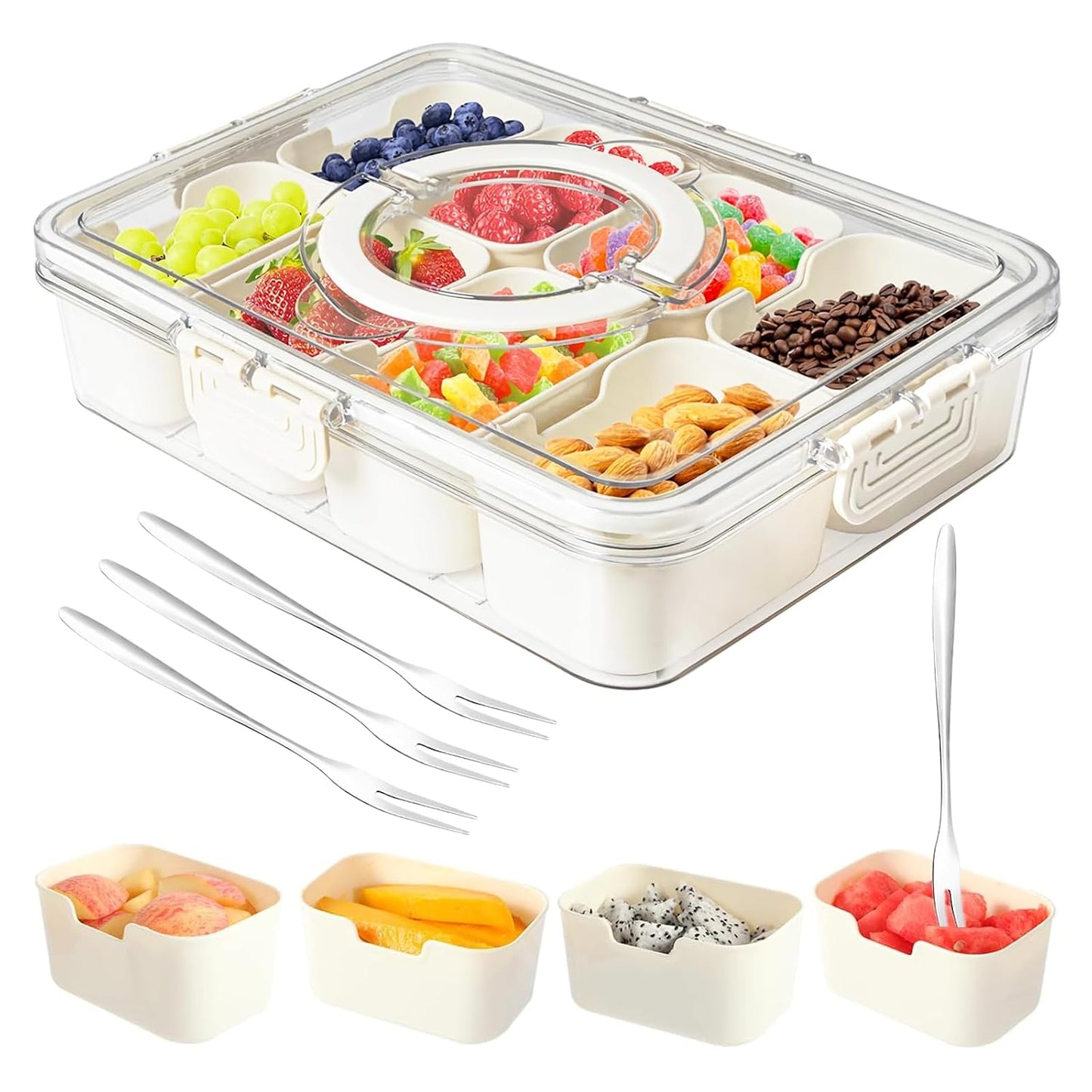 Dunruz Snackle Box Container,Portable Snack Box 8 Compartment Divided Serving Tray with Lid,Clear Storage Organizer for Fruit Candy Nuts Veggie-Perfect for Road Travel Party