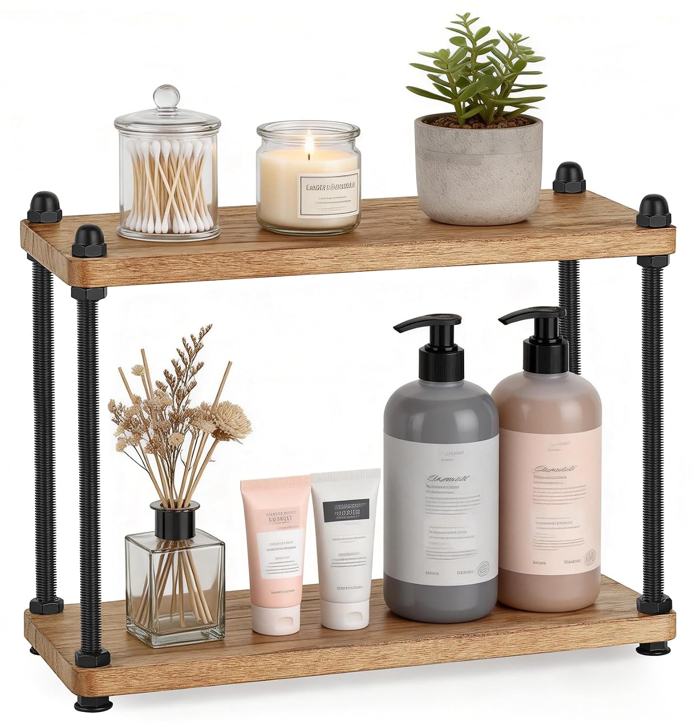 Mkono Bathroom Counter Organizer, 2 Tier Rustic Wood Countertop Sink Shelf | Light Brown, Skincare Makeup Spices Mugs Perfume Holder, Vanity Bedroom Kitchen Coffee Bar Office Storage Decor, Space-Saving
