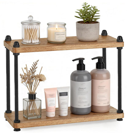 Mkono Bathroom Counter Organizer, 2 Tier Rustic Wood Countertop Sink Shelf | Light Brown, Skincare Makeup Spices Mugs Perfume Holder, Vanity Bedroom Kitchen Coffee Bar Office Storage Decor, Space-Saving