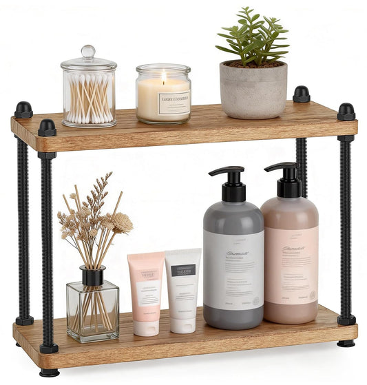 Mkono Bathroom Counter Organizer, 2 Tier Rustic Wood Countertop Sink Shelf | Light Brown, Skincare Makeup Spices Mugs Perfume Holder, Vanity Bedroom Kitchen Coffee Bar Office Storage Decor, Space-Saving