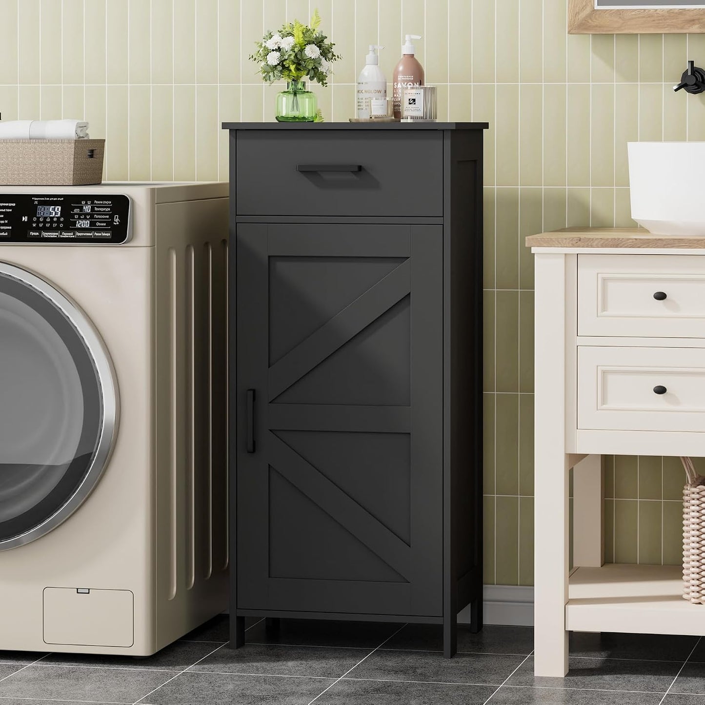 Bathroom Storage Cabinet with Drawer & Adjustable Shelf | Freestanding Storage Cabinet for Bathroom, Entryway, Living Room & Kitchen, Black, 15.7"W