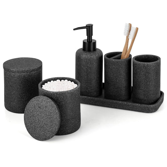 Black Stone Bathroom Accessories Set 6 Pieces - Toothbrush Holder, Lotion Dispenser, Qtip Container, Vanity Tray, Tumbler - Countertop Organizer for Bathrooms - Elegant and Functional Décor Set