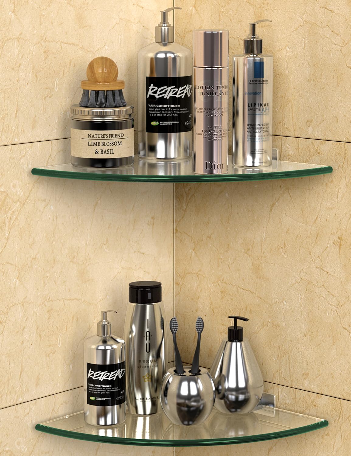 Glass Corner Shower Shelf 2 Pack, 9.5" Tempered Glass Shower Caddy, No-Drill Adhesive or Screw Mount, 22 LB Heavy Duty Bathroom Organizer with Rustproof Aluminum Brackets, Renter Friendly