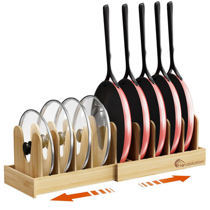 Housolution Bamboo Pot and Pan Lid Organizer Holder Storage Rack | 15"-29" Expandable, 10 Adjustable Dividers, Upgrade Solid Wooden Base, Easy Assembly