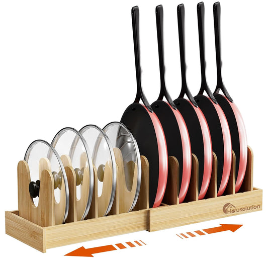 Housolution Bamboo Pot and Pan Lid Organizer Holder Storage Rack | 15"-29" Expandable, 10 Adjustable Dividers, Upgrade Solid Wooden Base, Easy Assembly
