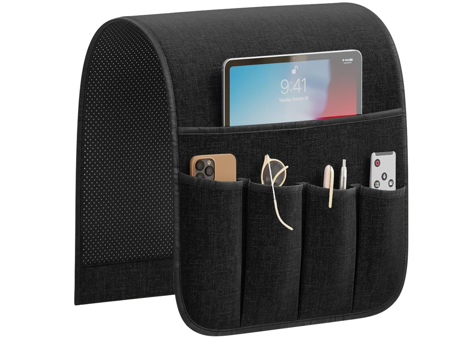 Sofa Armrest Organizer Non-Slip Remote Control Holders for Recliner Couch Chair Armchair Caddy with 5 Pockets for Table,Cell Phone,Ipad,Magazines,Books (Black, 13 x 35 Inch)
