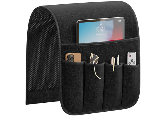 Sofa Armrest Organizer Non-Slip Remote Control Holders for Recliner Couch Chair Armchair Caddy with 5 Pockets for Table,Cell Phone,Ipad,Magazines,Books (Black, 13 x 35 Inch)