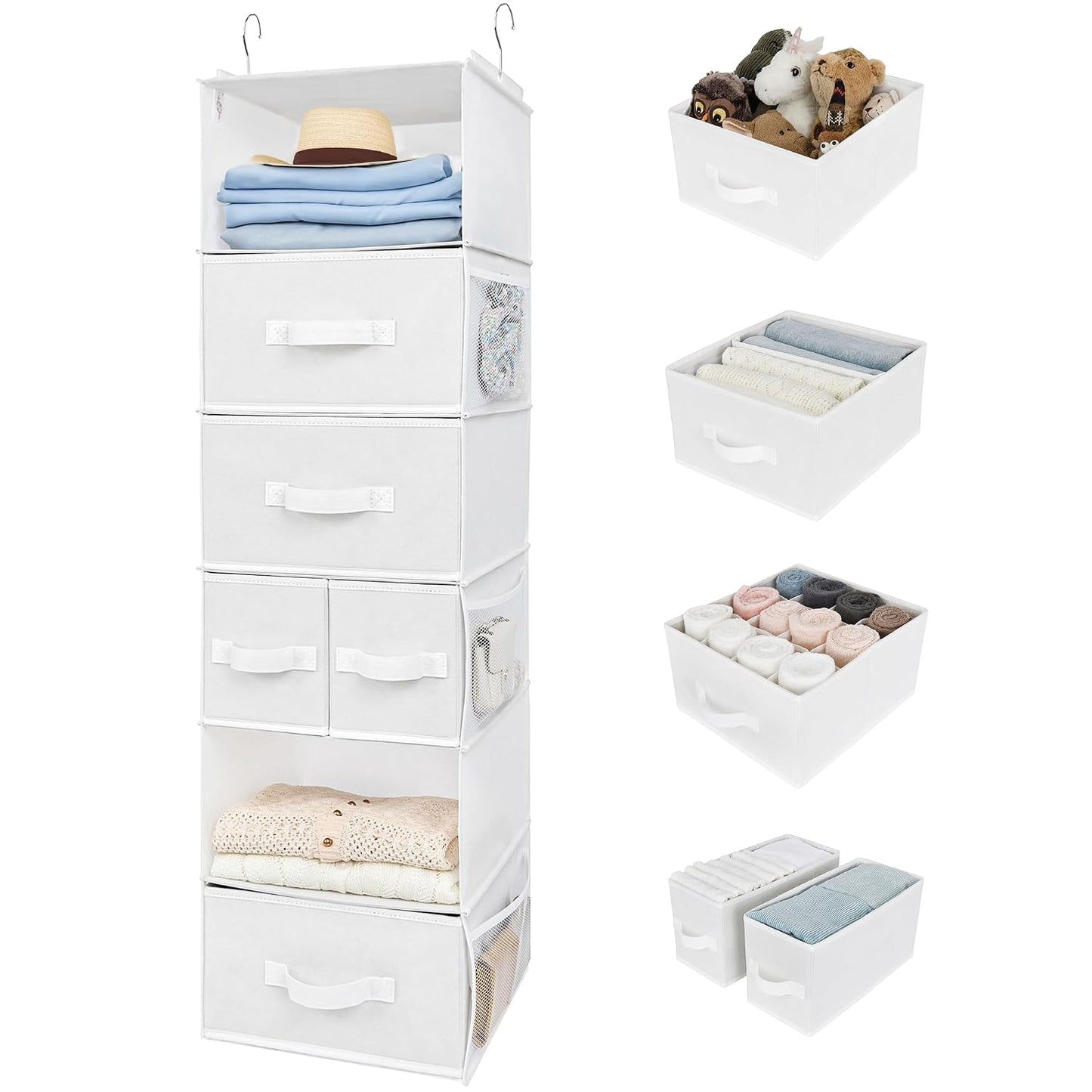 GRANNY SAYS Hanging Closet Organizer and Storage, 6 Shelf Clothes Organization with Drawers, 6 Side Pockets Closet Hanging Shelves for Bras, Socks, Underwear, Nursery Room, Wardrobe, White, 1-Pack