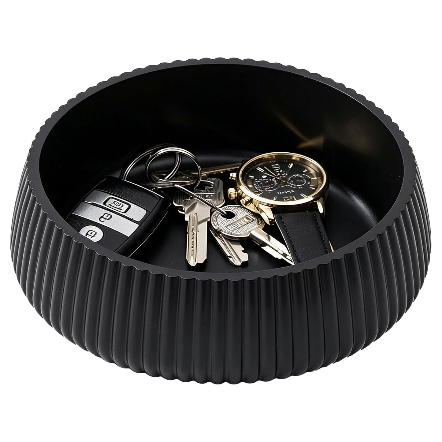 Concrete Key Bowl for Entryway Table, 7" Key Holder Bowl for Keys, Black | Charcoal Black - Handcrafted - Solid Concrete - Smooth Matte Finish - Fluted Design - Minimalist & Organic Modern Home Decor