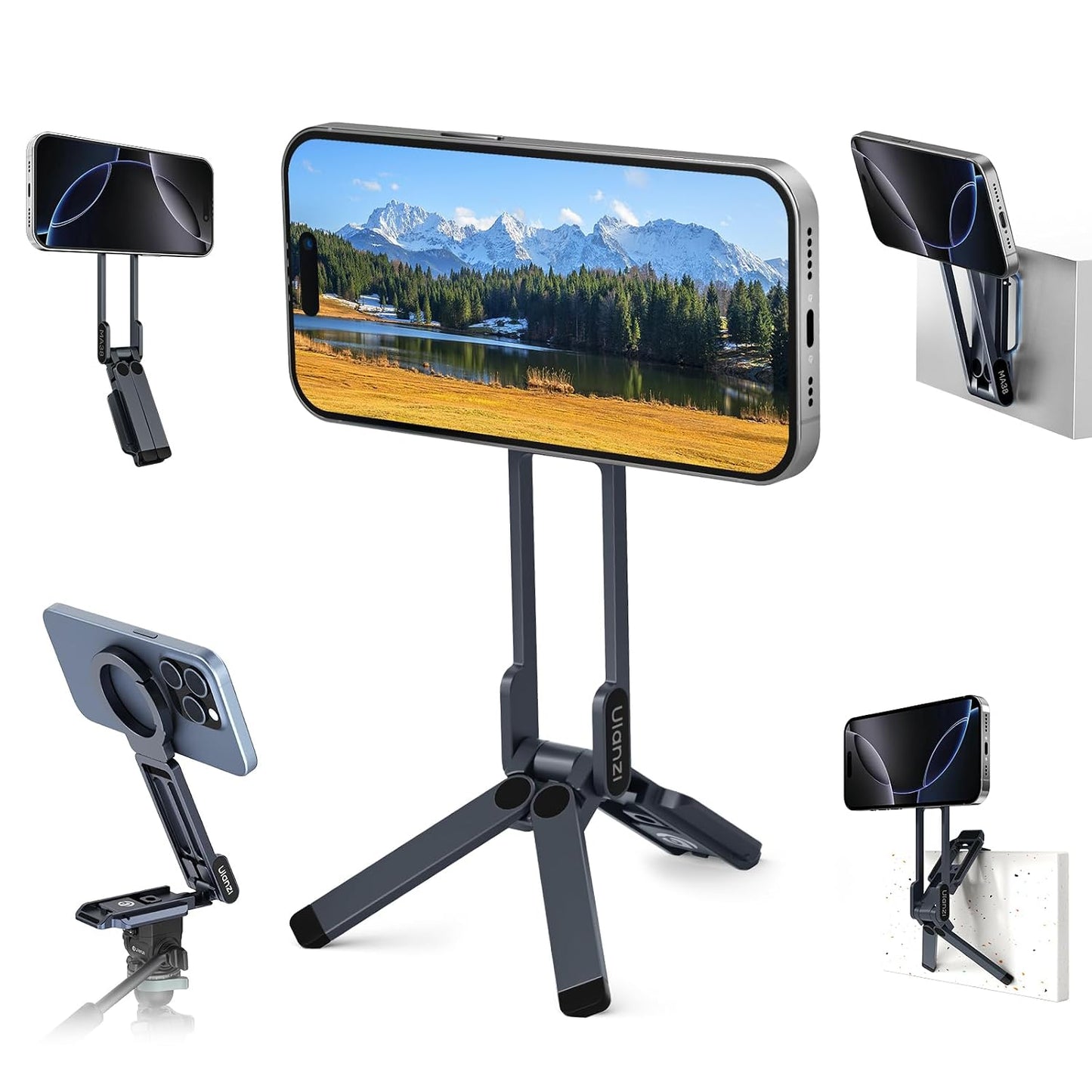 ULANZI MA38 Magnetic Phone Tripod for iPhone, Phone Holder for iPhone 17 | N52 Magnet, Back Magnet Base, Arca QR Base, Foldable Hook w 1/4'' Screw for Tripod Selfie Gym Travel Essentials Accessories