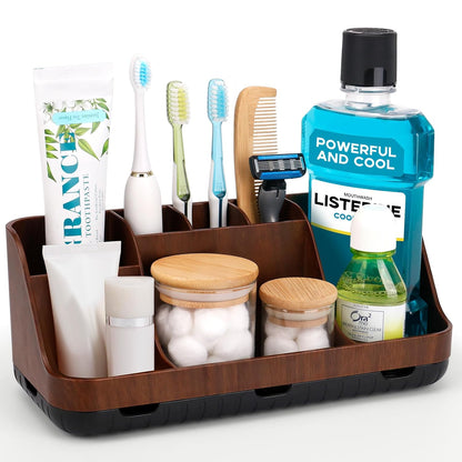 GFWARE Wood Toothbrush Holders for Bathroom Organizer with Drain Holes | Detachable 7 Slots Kid Electric Toothbrush and Toothpaste Holder, Bathroom Sink, Caddy, Tray, Vanity Storage Wood-Look, Brown