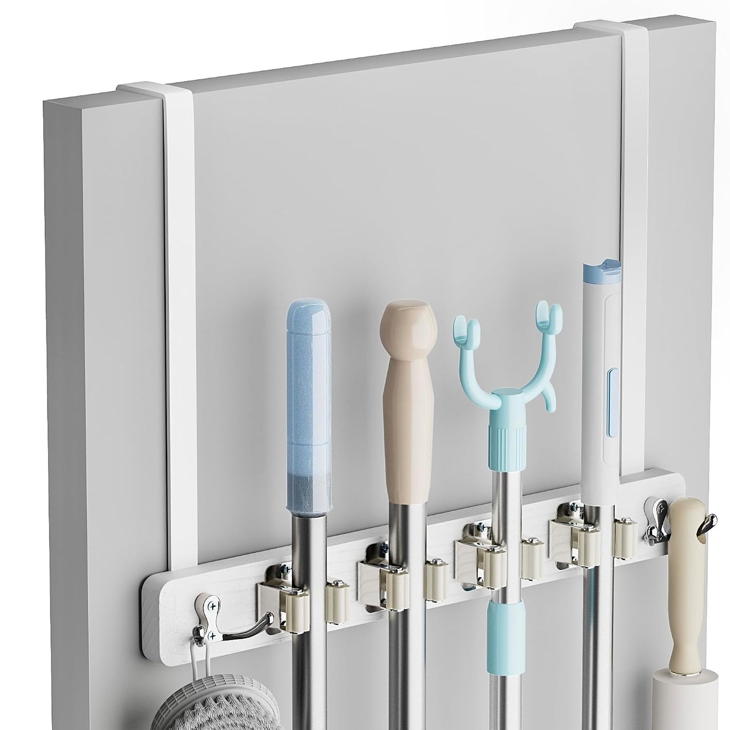 Lorbro Broom Holder Door Mount, Wood Over the Door Broom and Mop Holder | 4 Slots 4 Hooks, No Drill Setup, EVA Protection Pads, Secure Grip, Laundry Garage Closet Kitchen Use, White