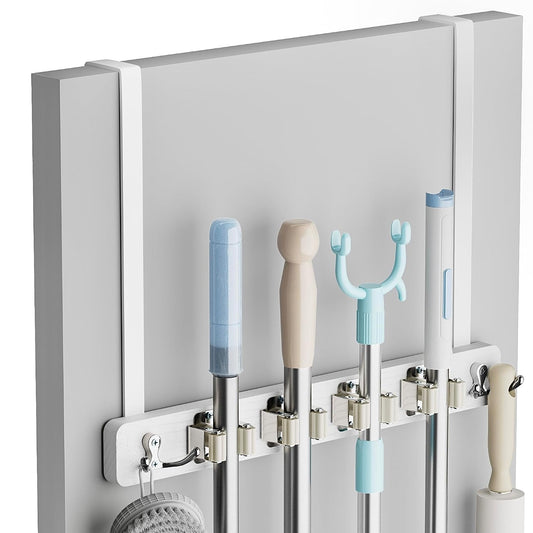 Broom Holder Door Mount, Wood Over the Door Broom... (White | Wood)