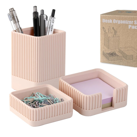 Aesthetic Desk Organizers and Accessories Set of 3 with Pen Holder,Paperclip Holder,Sticky Note Holder - Durable Plastic Pencil Holder for Office Women Men-Teacher Appreciation/Back-to-school Gift