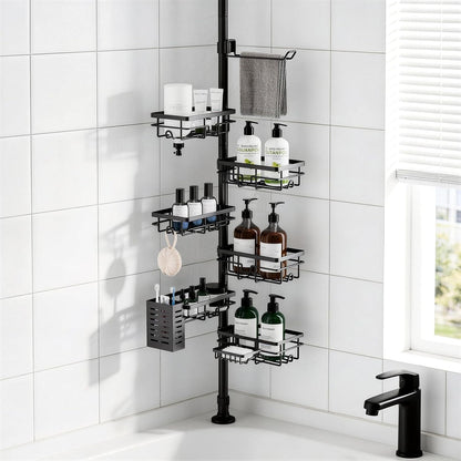 Shower Caddy Organizer Tension Pole, Corner Shower Shelves Bathroom Storage | 6 Tier Shelf, Rustproof 30-120’’ Adjustable, Towel Bar&Soap Dish for Bathroom Organizers, Shower Rack for Inside Shower,Black