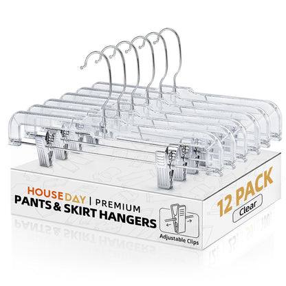 HOUSE DAY 14 Inch Clear Pants Hangers with Clips 12 Pack, Skirt Hangers | Adjustable Clip Hangers for Pants, Skirts, Jeans and Shorts, with No Marks Pads and 360° Swivel Hook, for Closet Organization