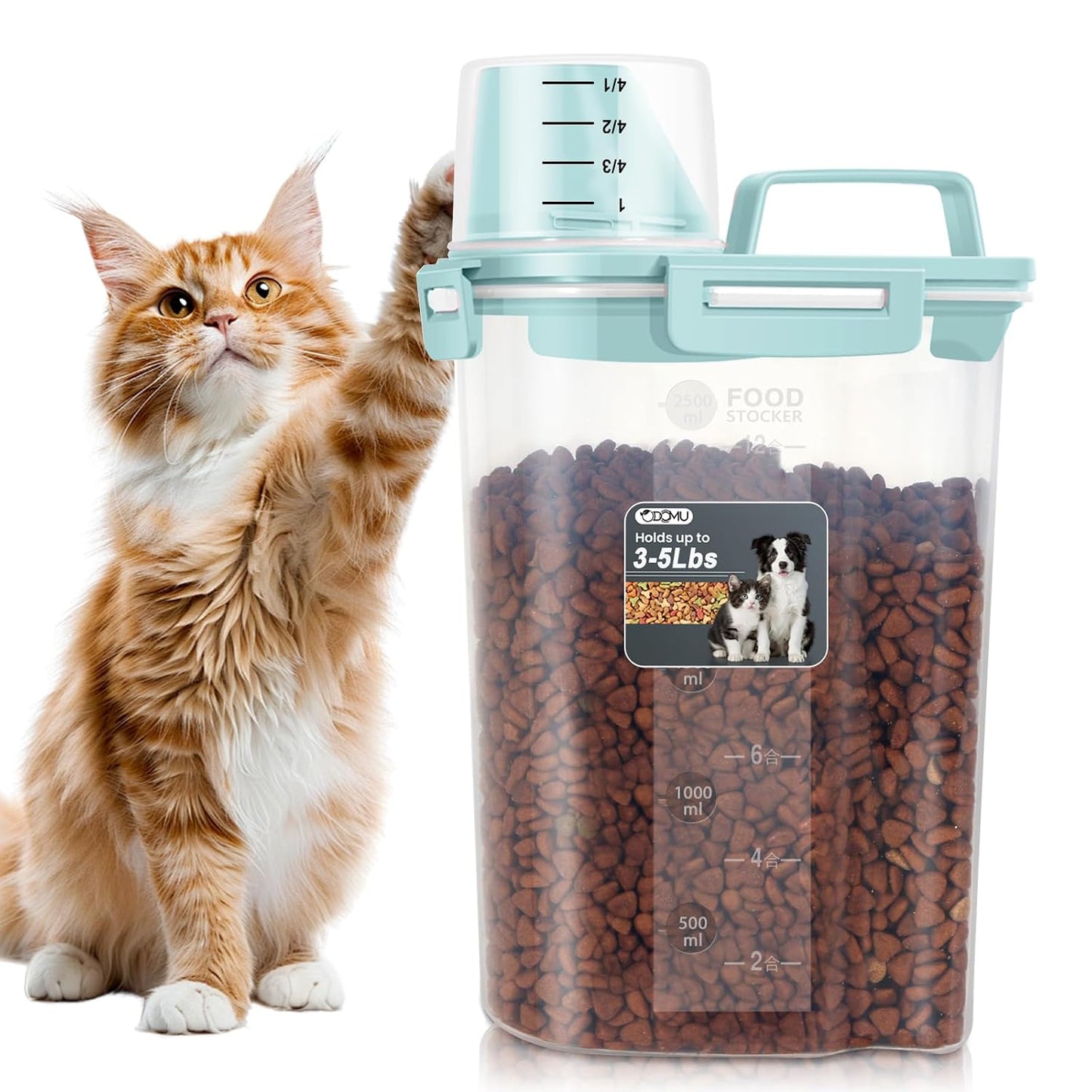 Dog Cat Food Storage Container with Cup (Dry Blue, 2.5L)
